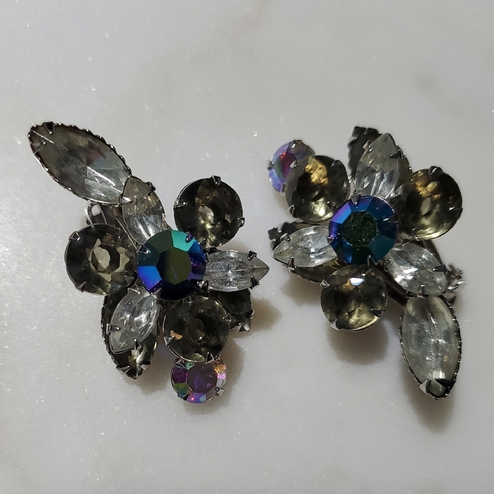 Vintage Silver and Multicolor Crystal Clip On Earrings Event Wedding Garden